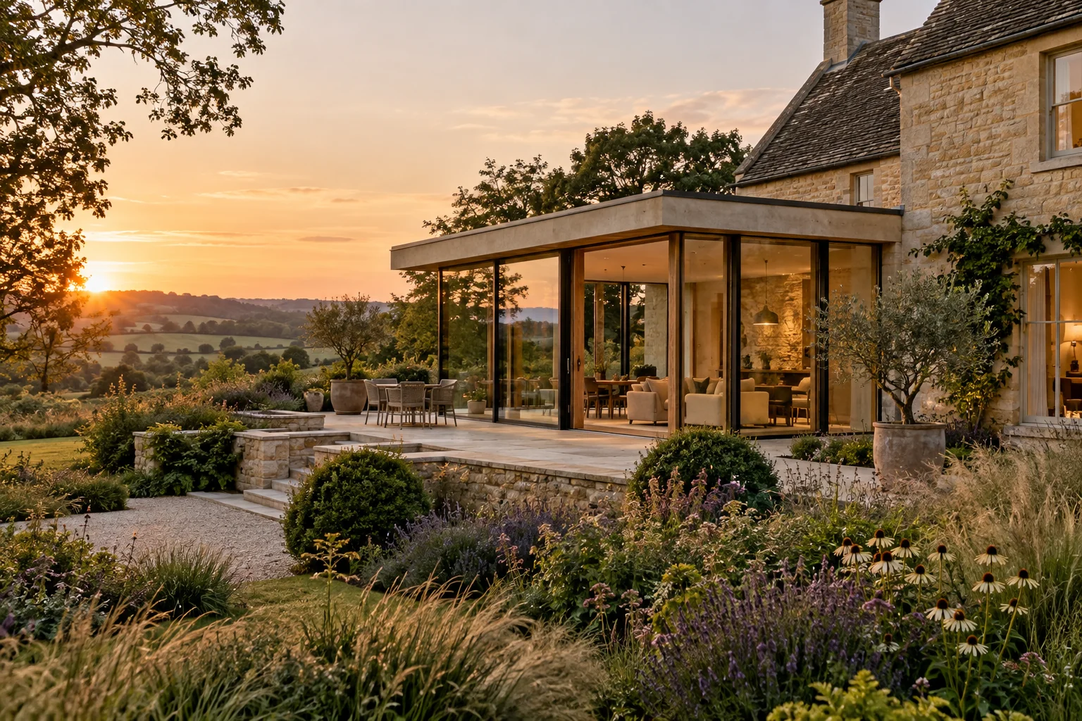 Stone and glass home with a landscaped garden